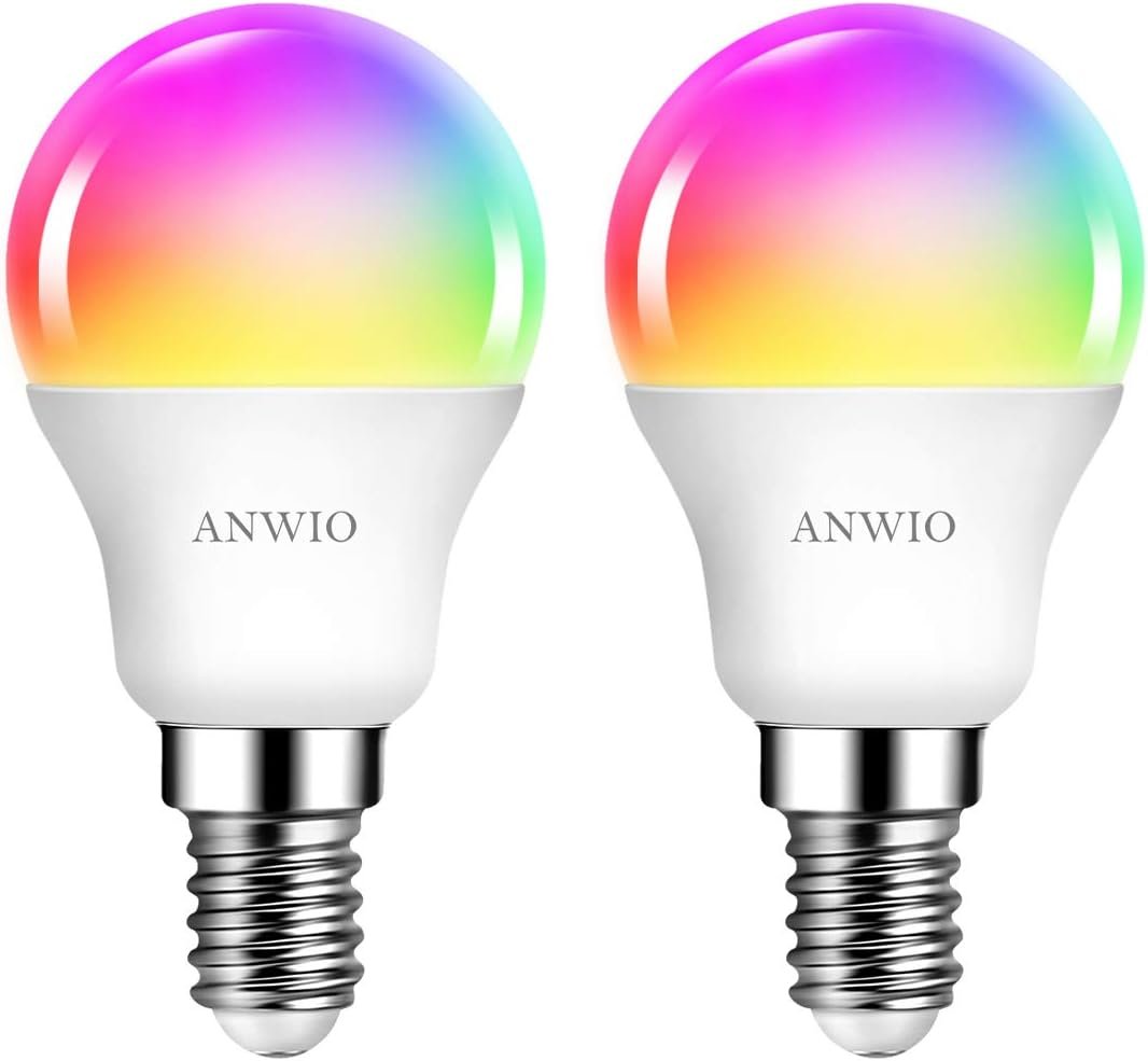 Anwio Alexa Smart Glühbirnen, E14 Wlan LED LAMPEN DIMMBAR GLUHBIRNE 5W 470LM+2700-6500K+RGB 16 MILEN FARBEN, APP Steuern Kompatibel Mit Alexa/Google Home, Bluetooth, Sprachsteuer, 2 Packs, 2 Packs