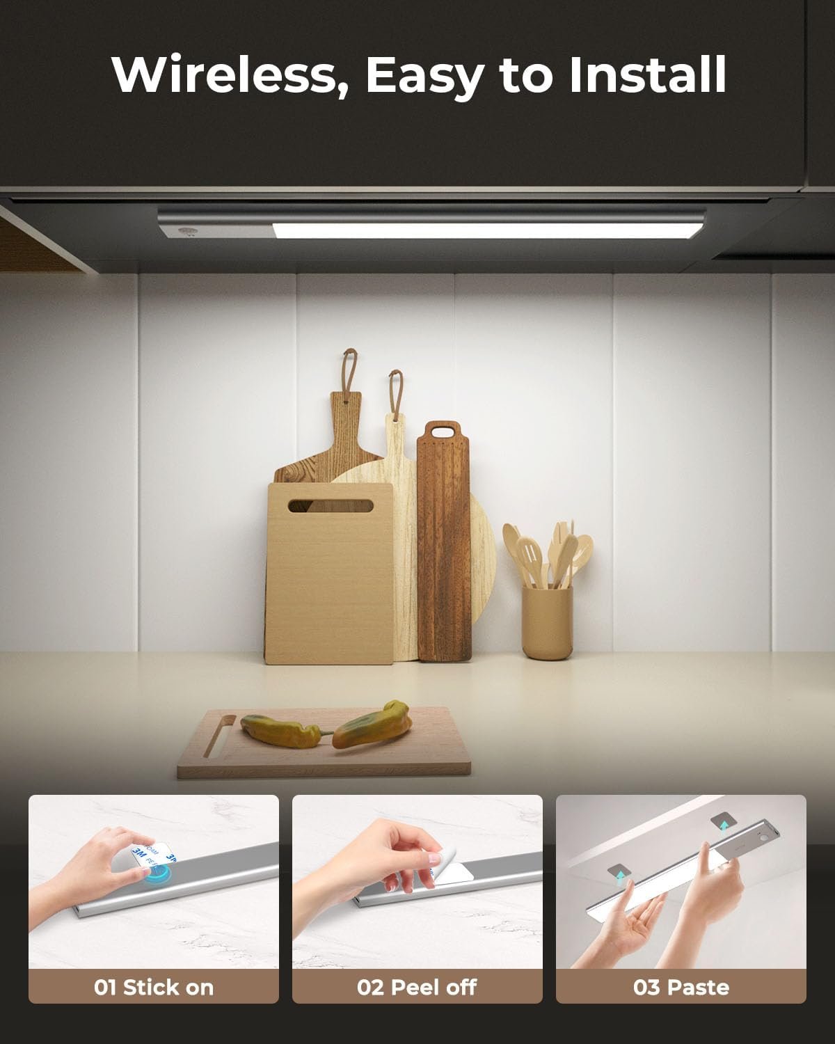 Fulen unterbaumte küche LED, Schrankbeleuchtung Lampe Bewegungsmelder inn, 38 cm LED Licht Kabellos mit Batterie Wiedenerafladbar, Imperdrank Belectung küche, 3 Farbtemperaturen, 2er-Pack – Bild 7