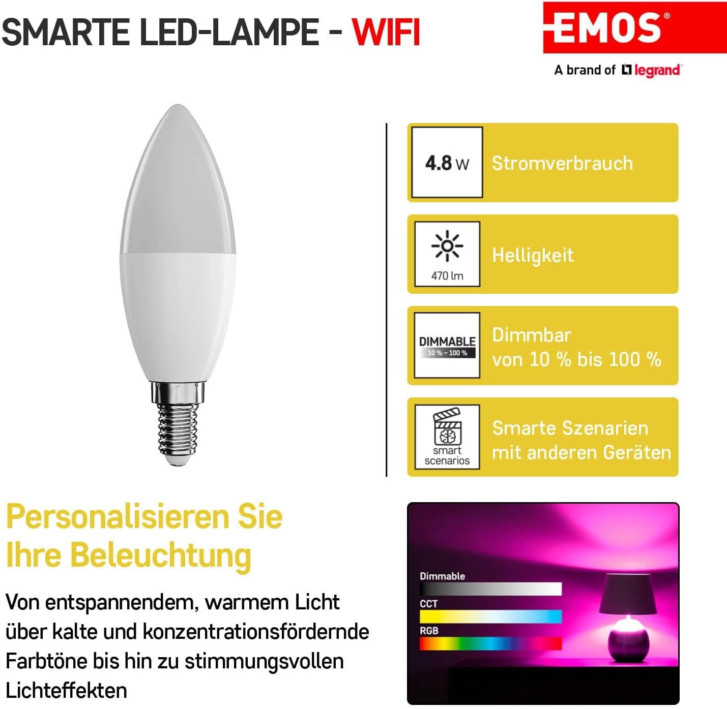 Emos Gosmart - Smart Home RGB LED -Lampe Kerze MIT App - E14 - Dimmbar, Mehrfarbig & Weißtöne - 470LM - Sparsam, 4,8w (Statt 40W Guhbirne) - 20 000 Stunden - WIFI - Google Home und Alex und Alex und Alex und Alex und Alex und Alex und Alex und Alex und Alex und Alex und Alex und Alex und Alex und Alex und Alex und – Bild 2