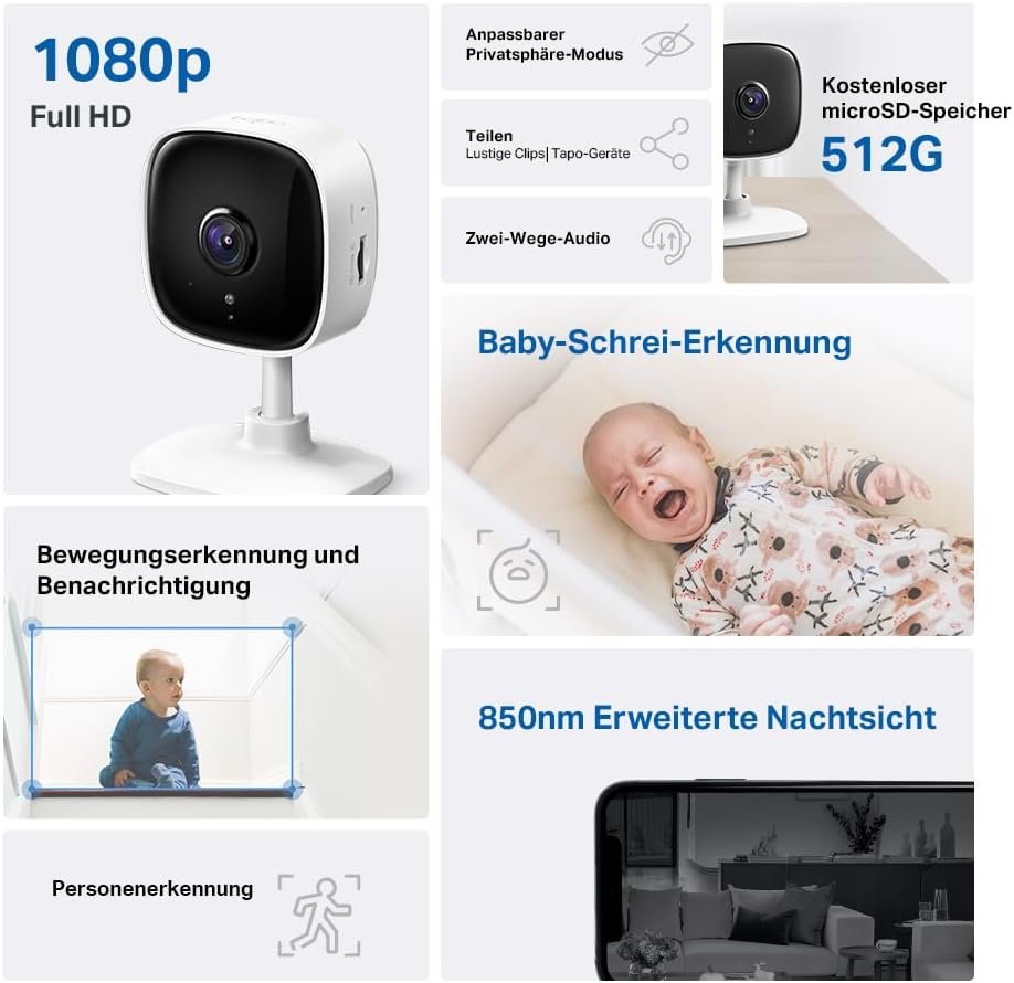 Tapo TP-Link C100 Wlan ip Kamera überwachungskamera innen (1080p-aufflösung, 2-Wege-Audio, Nachticht Zu 9m, bis Zu Zu 128 GB Lokaler Speicher auf SD Karte, Kompatibel MIT Amazon Alexa) WEID Karte, Kompatibel MIT Amazon Alexa) WEID Karte, Kompatibel MIT Amazon Alexa) Wiß Karte, Kompatibel MIT Amazon Alexa) WEID – Bild 2