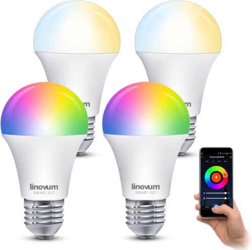 LINOVUM 4ER PACK LED Smart Lampe E27 RGB & Farbtemperatur Dimmbar App & Sprache – WLAN -Glühbirne Kompatibel Mit Alexa, Google Home