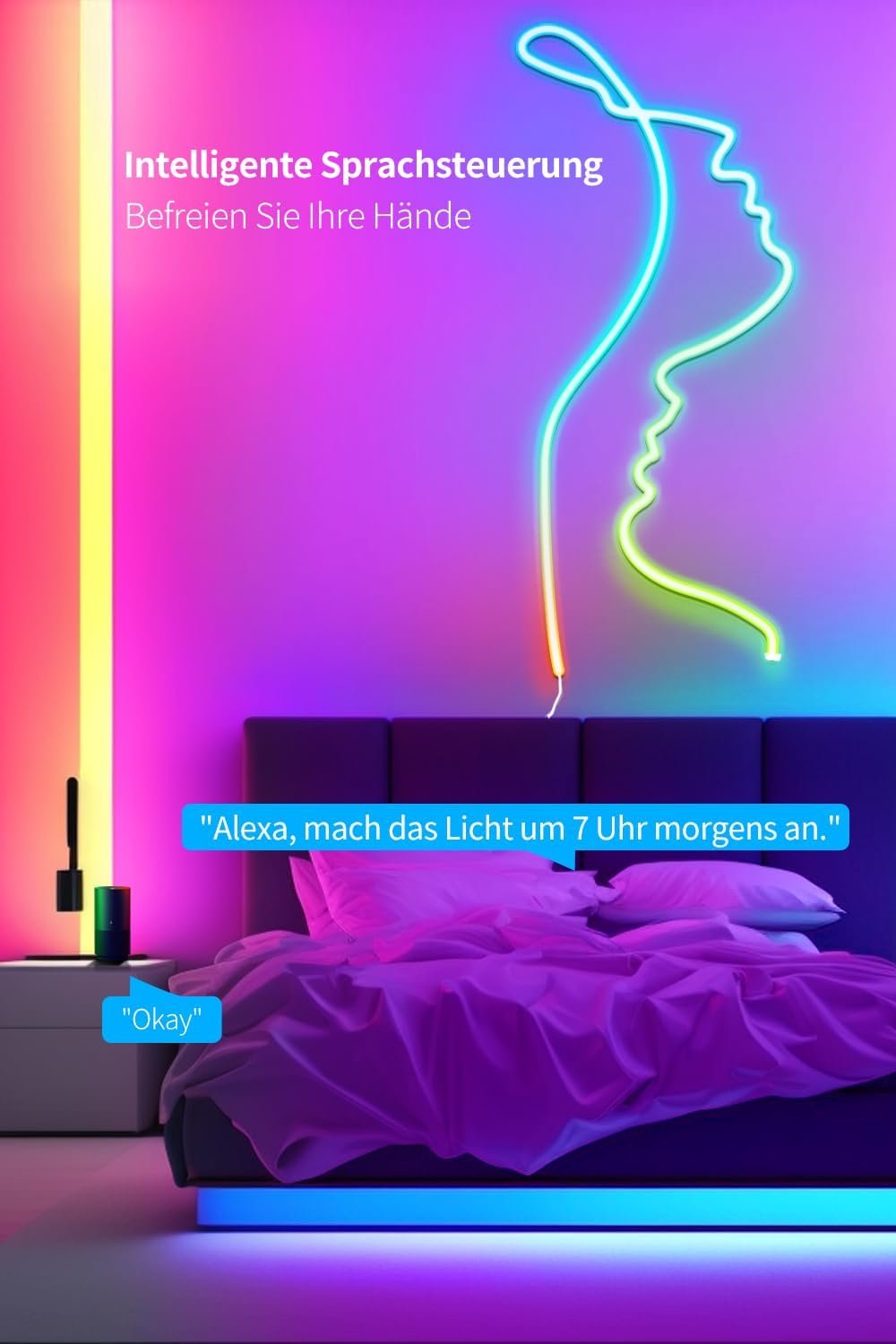 VKH Neon LED Strip 3M, Neon LED Streben MIT App-Steuerung, FunktionTerert MIT Alexa, Diy-Fungion, Musik Sync, Upgrade Neon LED Lichtband für Wohntzimmer, Schlaftzimmer, Wand Deko – Bild 5