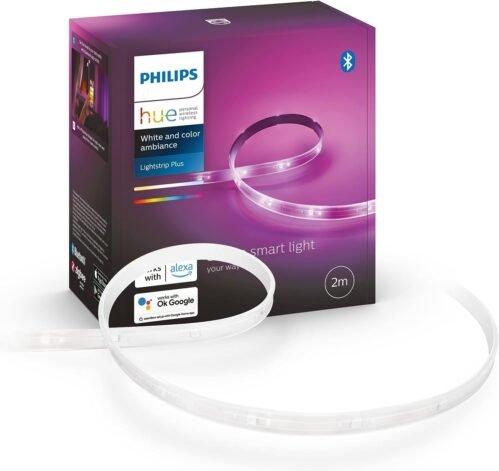 Philips Hue White & Color Ambiente Lightstrip Plus-Basisset V4 (2 m), Dimmbarer LED Streiflen für Hue Lichtsystem MIT 16 Mio. Farben, Smarte Lichtsteuerung über Sprache -Oder -App