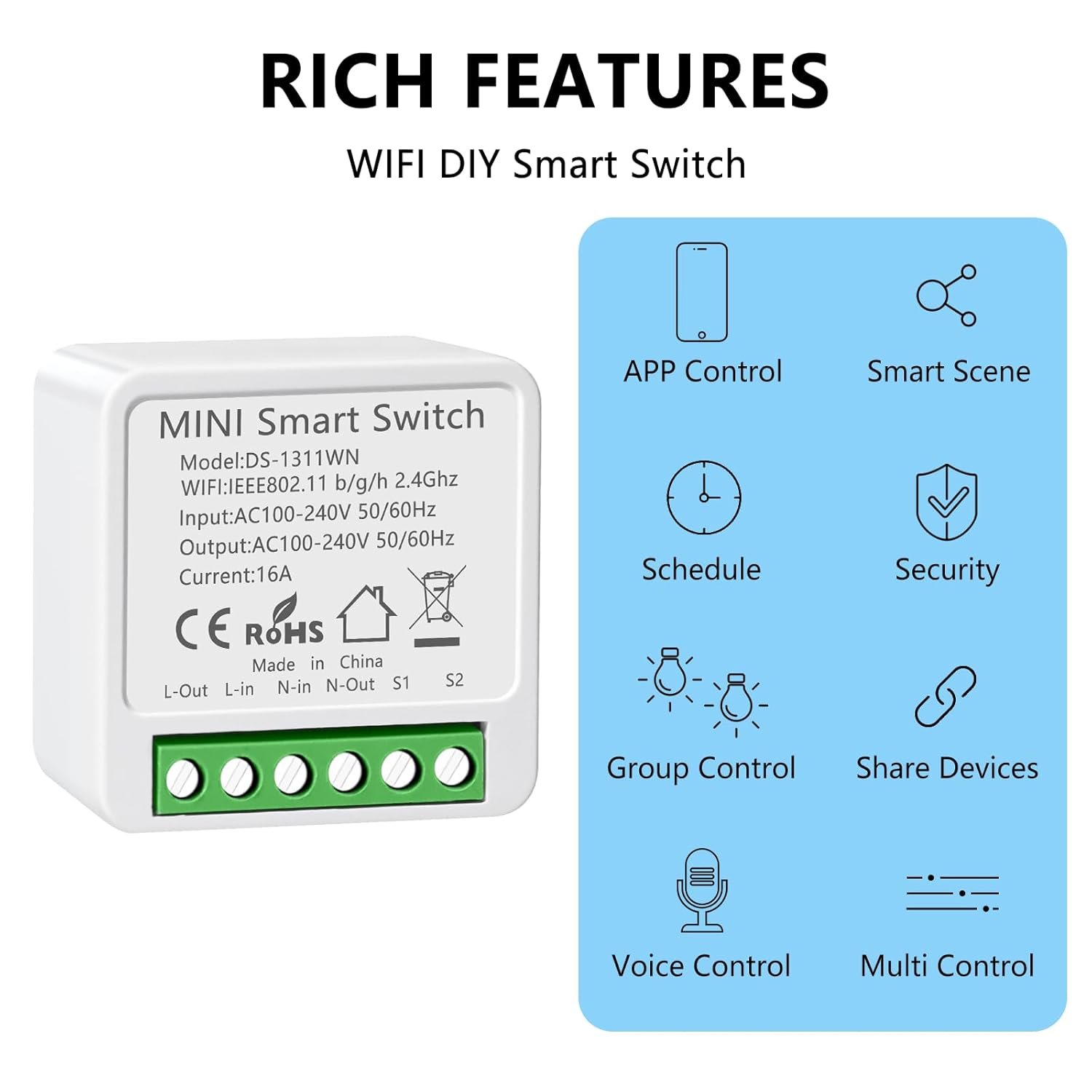 1 Stück Alexa Lichtschalter Smart Home, Wlan Smart Modul Lichtschalter, Sprachsteuerung/Timer, Mini Smart Home Lichtschalter Kompatibel Alexa, 1-Weg/2-Wege, Neutralleiter Erforderlich – Bild 3