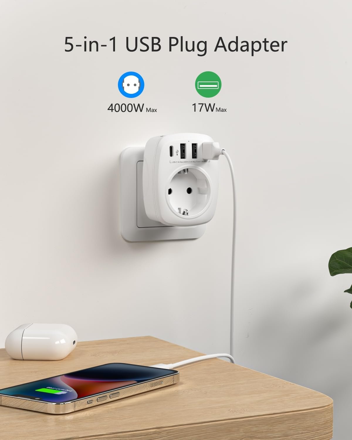 Lencent USB Steckdose Mehrfachstecker EU-Adapter 5-in-1 Steckdosenadapter MIT 3 USB Ladegerät Anschlu – Bild 2