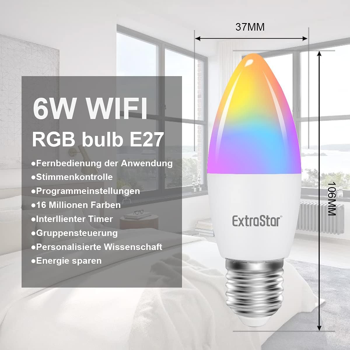 Extrastar Smart LED Kerze Lampe E27, 6W Guhbirne 2700-6500K Dimmbar Birne 16 Milles, auf Nur 2,4 GHz Netzwerk, Kompatibel MIT mit Alexa und Google Home, 2 Stückk – Bild 3