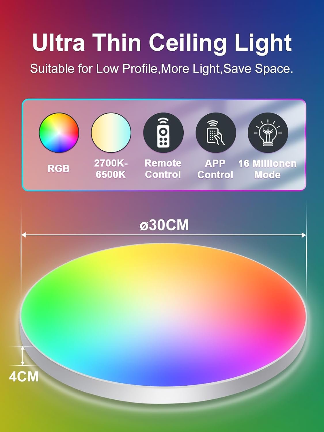 ORAYMIN LED CERKENLEUMENTE DIMMBAR MIT Fernbedienung, 24W RGB Farbwechsel Deckenlampe MIT App-Steuerung, 2700K-6500K Rund LED LED LEH – Bild 2