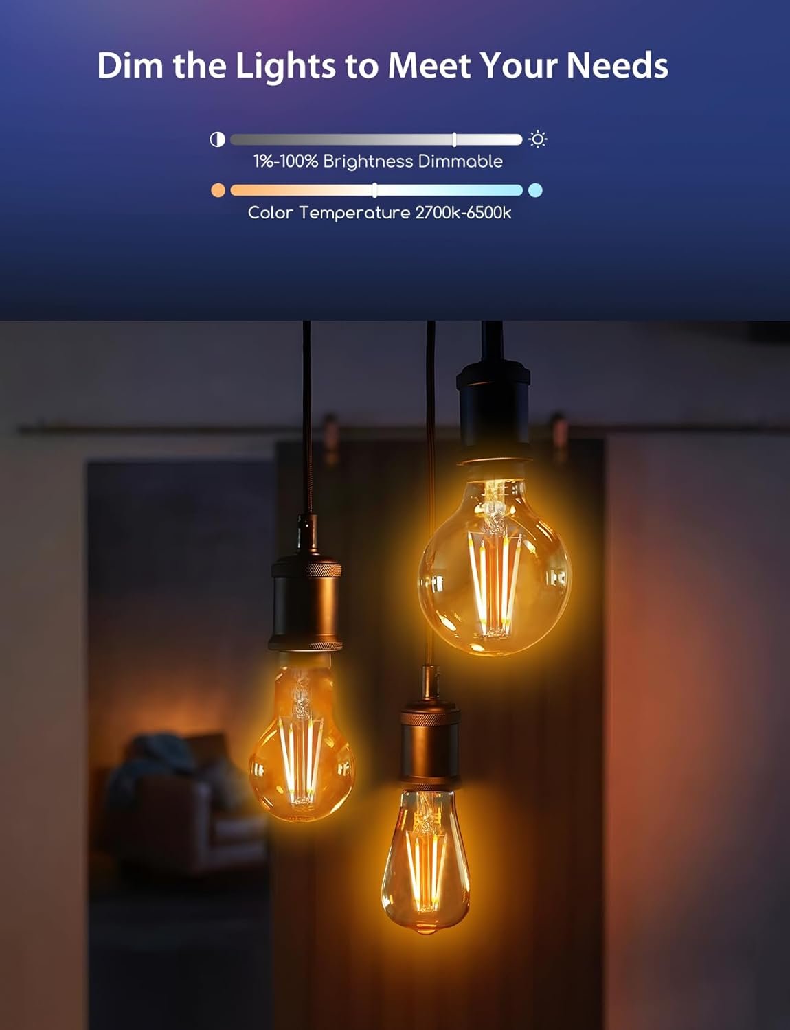 Aigostar Mesh-Smart Lamp Bluetooth Mesh A60, 6W 806LM Smart Bulb Dimbarar CCT 2700K-6500K, Vintage-Filamentlampe LED SLIMME COMPATIBEL MET Alexa/Google Home, 6 Stuks (Met Bluetooth-Afstandsbediening) – Bild 4