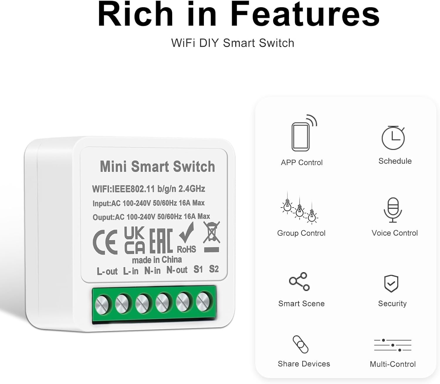 4 PCs Cnbingo Smart Lichtschalter Modul 1 WEG/2 WEGE, MINI DIY WLAN SCHAGER PASST PASSTER INDERN WANDSCHAGER, Smart Switch Kompatibel MIT Alexa Echo, Google Home, Smart Life, Neutralleiter Erforderlich – Bild 5
