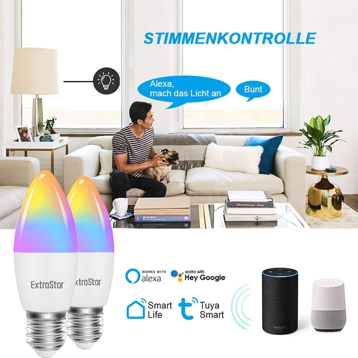 Extrastar Smart LED Kerze Lampe E27, 6W Guhbirne 2700-6500K Dimmbar Birne 16 Milles, auf Nur 2,4 GHz Netzwerk, Kompatibel MIT mit Alexa und Google Home, 2 Stückk – Bild 5