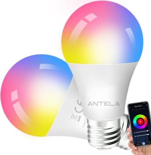 Antela Alexa Guhbirne E27 9W 806LM RGB 2700K-6500K Warmweig Kaltweiß Licht Smart Wlan LED Dimmbare Birne Lampe, Kompatibel MIT Google Home, 2 Stückk
