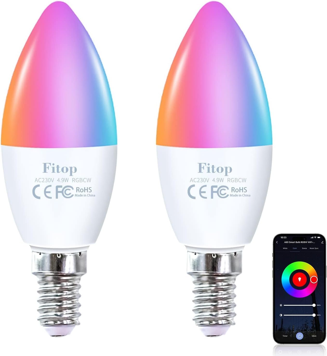 Fitop Alexa Smart Glühebirnen, E14 Wlan LED LAMPEN DIMMBAR Guhbirne 4.9w 470LM, 2700-6500K, RGB 16 MILEN FARBEN, app Steuern Kompatibel Mit Alexa/Google Home, Sprachsteuerung 2 Pack 2 Pack 2 Pack 2 Pack 2