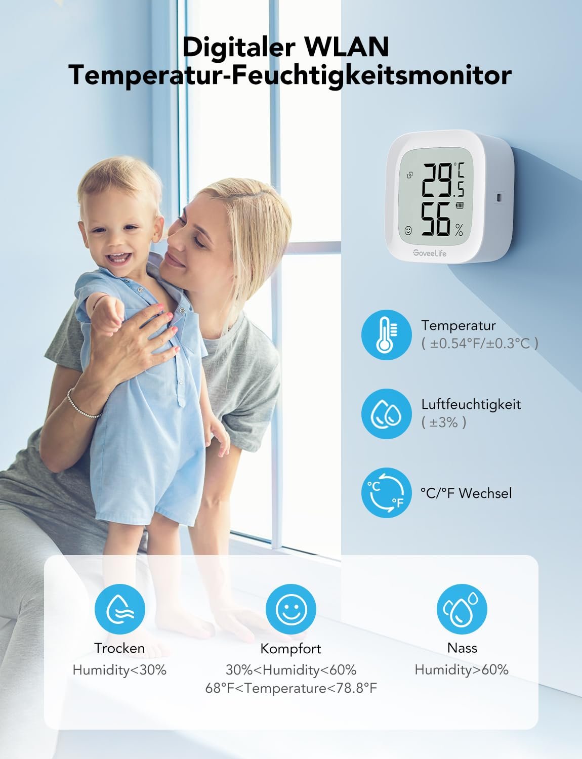 Goveelife Wlan Hygrometer Thermometer, digitale Temperatur und Luftfeuchtzeitsmesser innen MIT App Benachrichtigungs Alarm & Datenspeicherung, Fernkontrolle Geeignet für Schlaftzimmer, Weinkeller – Bild 4
