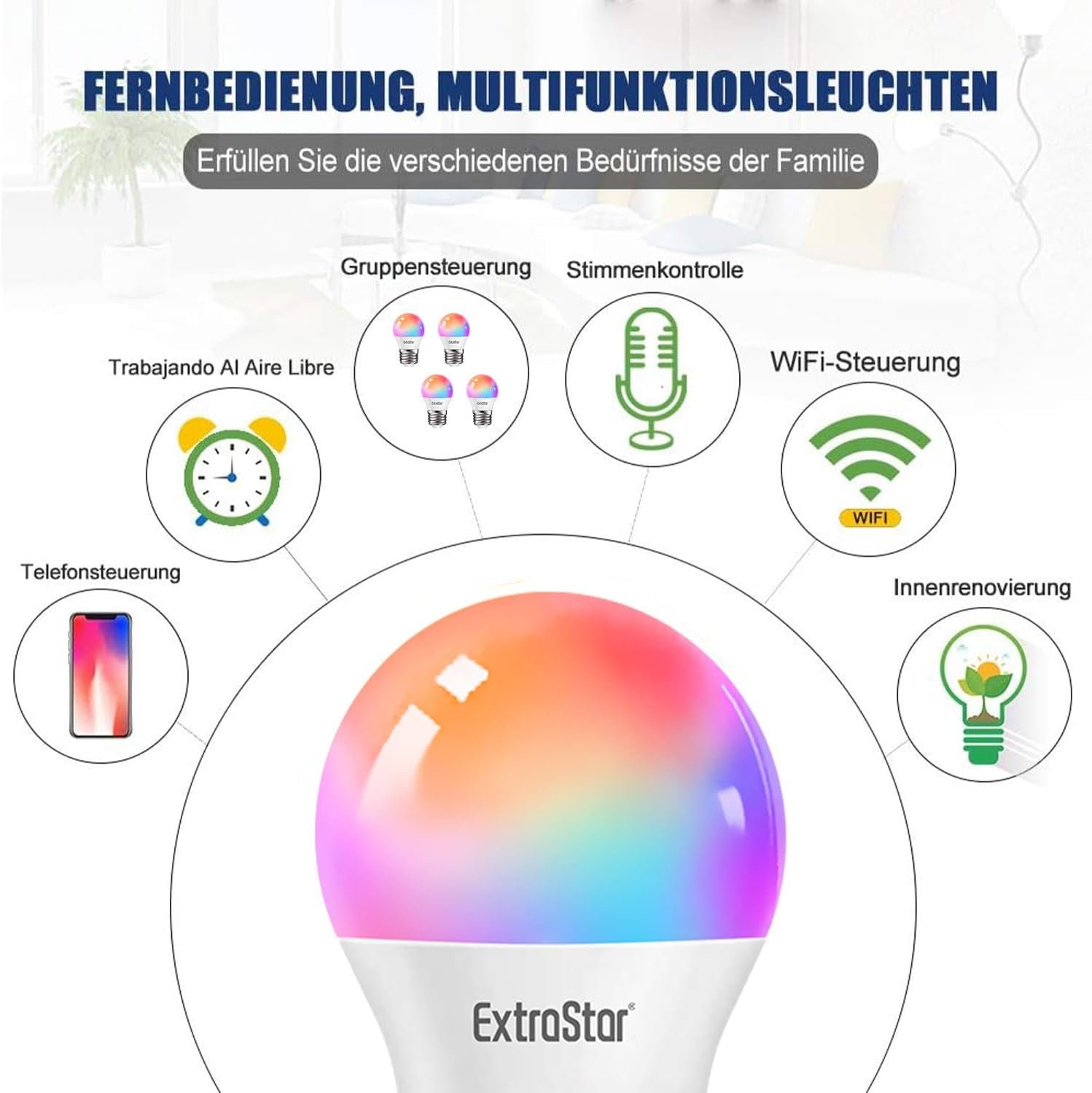 Extrastar Smart Glühbirne E27 G45, Alexa Led Wifi Lampe 2700K-6500K, 4,9W 470LM 16 MILEN FARBEN WLAN DIMMBAR GLuhbirne, Rgb Birne Kompatibel Mit Alexa, Google Home, 2 Stückk – Bild 4