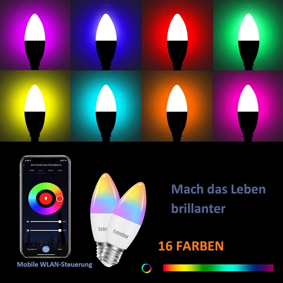 Extrastar Smart LED Kerze Lampe E27, 6W Guhbirne 2700-6500K Dimmbar Birne 16 Milles, auf Nur 2,4 GHz Netzwerk, Kompatibel MIT mit Alexa und Google Home, 2 Stückk – Bild 7