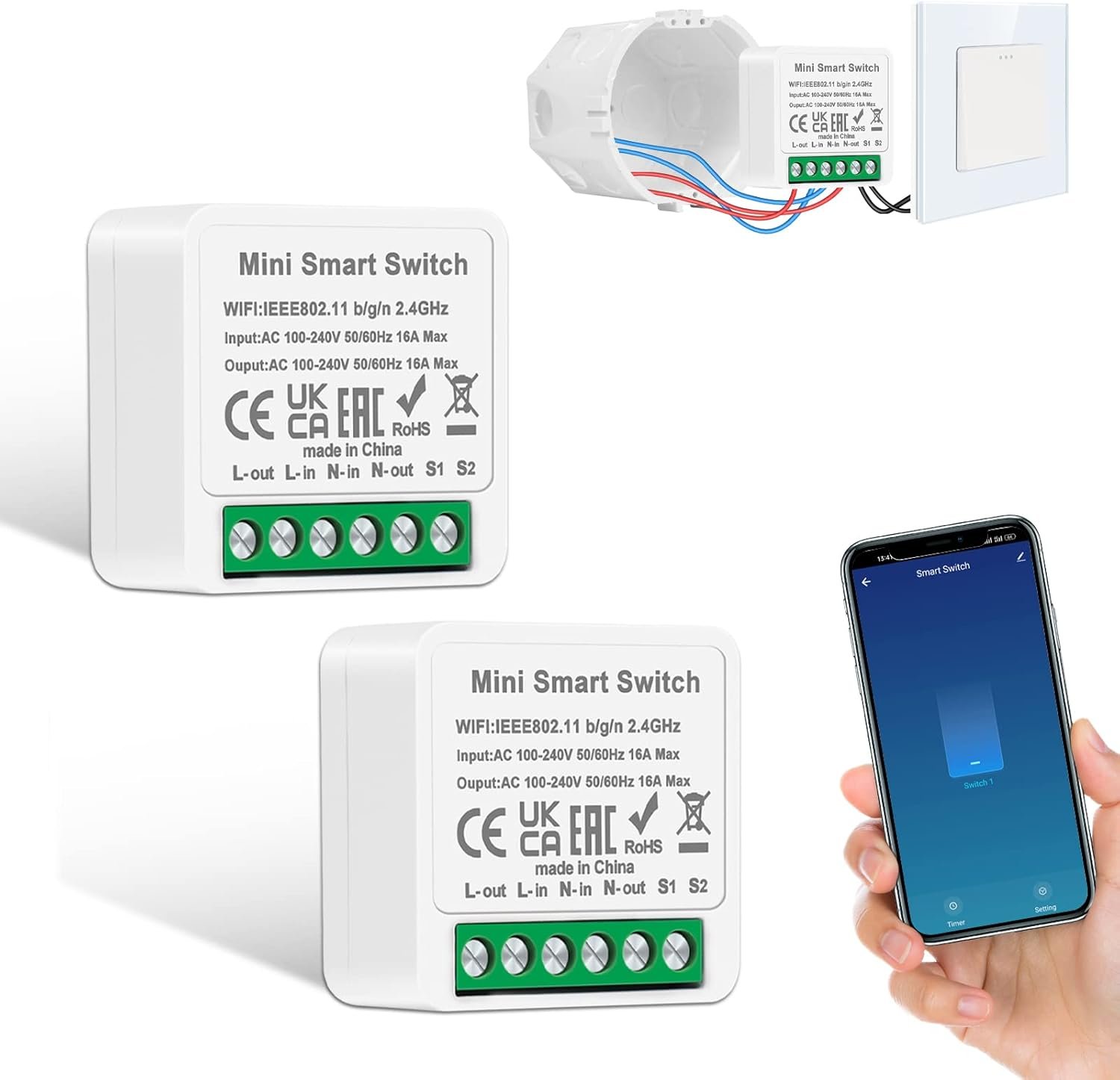 2 PCs Cnbingo Smart Lichtschalter Modul 1 WEG/2 WEGE, MINI DIY WLAN SCHAGER PASST PASSTER ANDERSTANDSCHALLTER