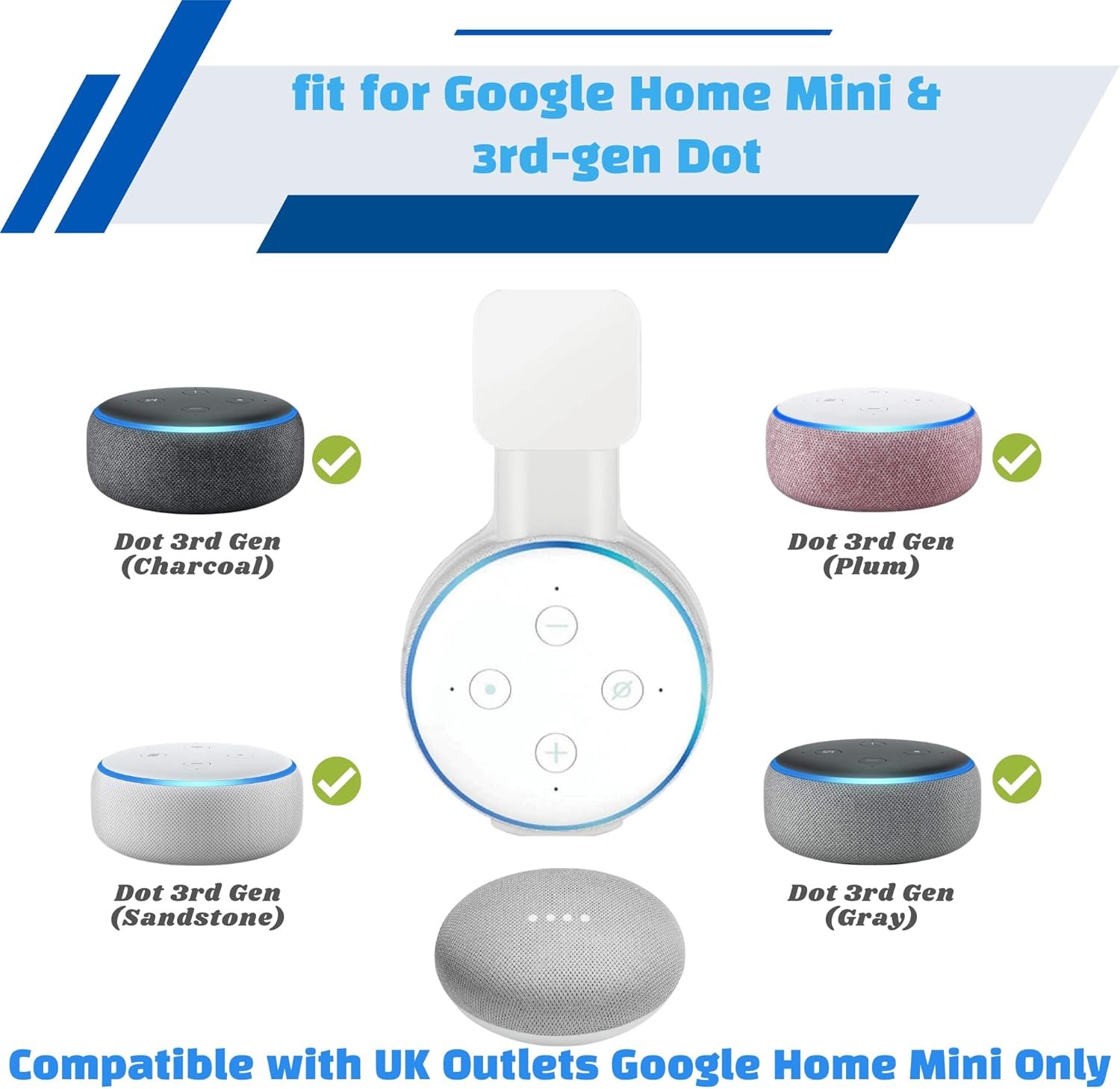 Sintron 2x Smart Home Lautspecher Wandhalterung Halter für Dᴏt 3. Generation Halterung Ständer MIT Integrierer Kabelmanagement, für Küche, Bad Schlafzimmer, Kompatibel Mit Google Mini (2 Pack, Weiß) – Bild 2