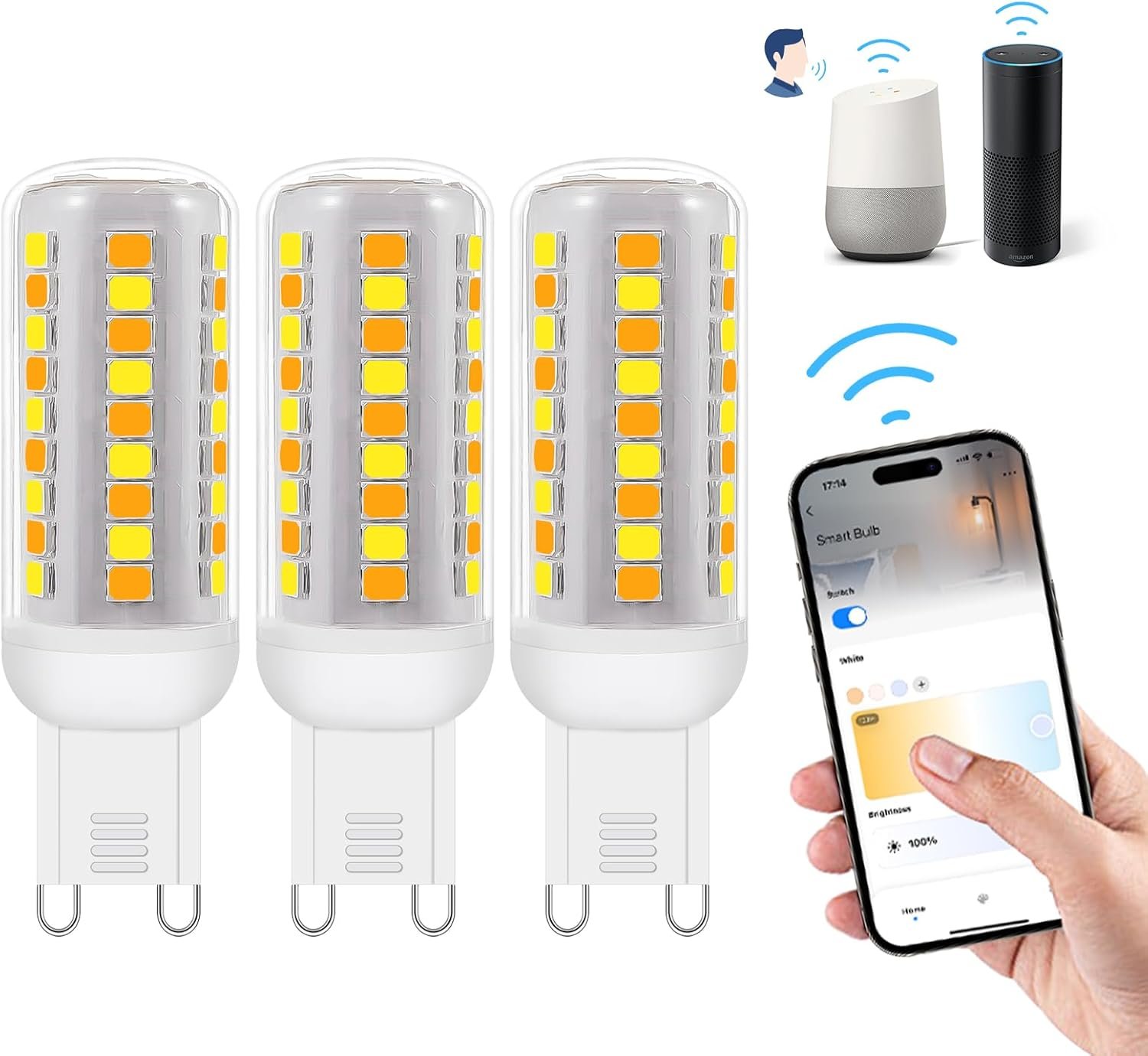 Wi-Fi Smart G9 LED Lampen, Kompatibel MIT Alexa /Google Home, AC 230V Stuflens Dimmbar, 2700K-6500K, Helligeit Einstellbar 1%-100%, 0,4-4W, 40lm-400LM, Timer Funkion G9 Intelligenz LED Glöhbirne, 3er Pack