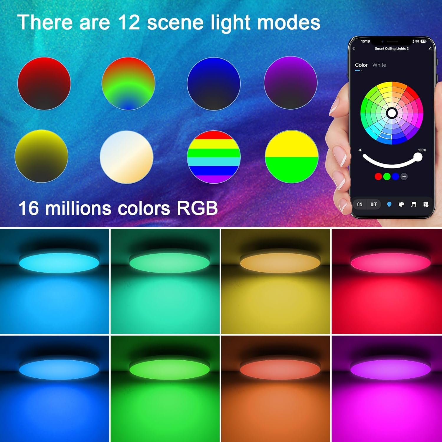 Opparl geführte LED Deckenlampe Dimmbar Mit Fernbedienung, 24W 16 MILEN RGB FARBWECHSEL Smart Led Deckenleuchte Steeuerbar, 2400LM Deckenbeleuchtung Ø30CM LAMPE für Wohntzimmer Schlafzimmer, Weiiß – Bild 3