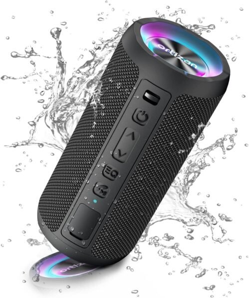 Ortizan Bluetooth Lautsprecher MIT Licht, Musikbox Tragbarer Bluetooth Box MIT IPX7 Wasserdicht, Dualen Bass-Trebibern, 30H Akku, Freisprrechion für Telefon, Draßen, Beiidhändig Schwarz