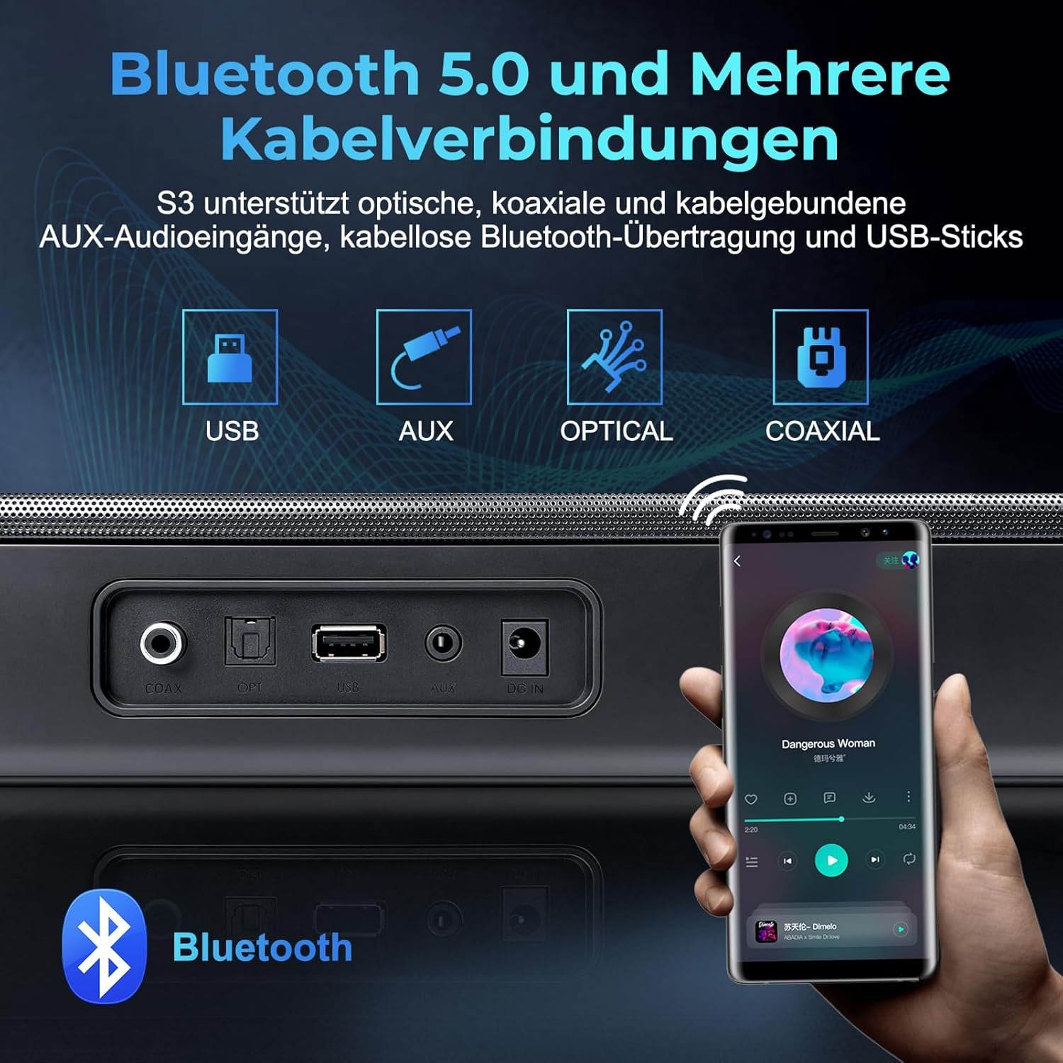 Ochsen S3 Soundbar für Fernseher, Heimkino-Audio MIT Bluetooth 5.0, Dynamischer Bass, 3D-Surround-Sound, Dialogverbesserung, Aux/Optisch/Koaxial Kompatibel, Mehrere Klangmodi, Wandmontierbarar – Bild 4