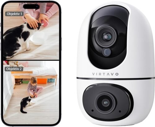 Virtavo Dual-Lens-Reiberwachungskamera innen, 1080p Wifi Video Kamera überwachung Inner, 360 ° PTZ, Wlan Kamera FHD, 2-Wege-Audio, Farbnacht, Auto-Tracking BeegungSerknung Fürr babys/haustile