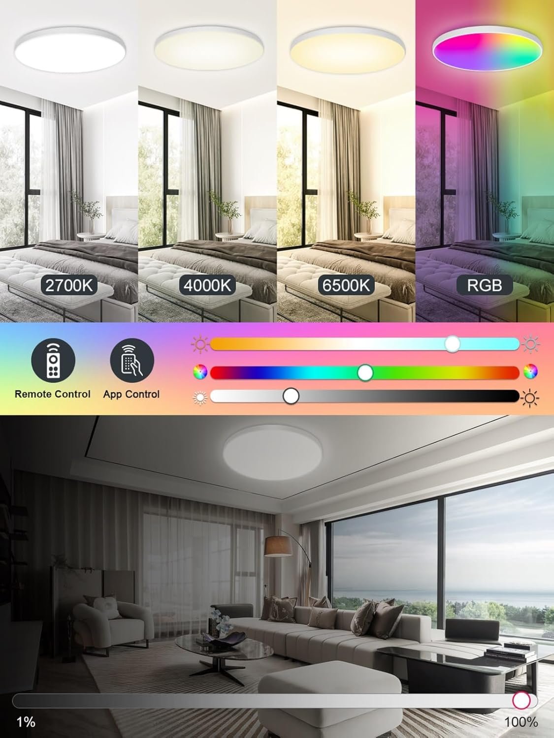 ORAYMIN LED CERKENLEUMENTE DIMMBAR MIT Fernbedienung, 24W RGB Farbwechsel Deckenlampe MIT App-Steuerung, 2700K-6500K Rund LED LED LEH – Bild 6