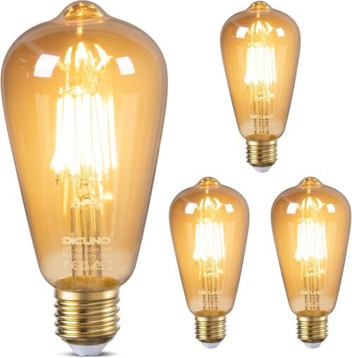 Dicuno Edison Vintage Guhbirne E27, ST64 Filamente LED Lampe 6w, Warmweiß 2200K, 600 lm, Antike, Dekorativ Beleineutungung, Nostalgie und Retro Birne für Heur Haus, Café, Bar, Nick Dimmbar, 4er Pack