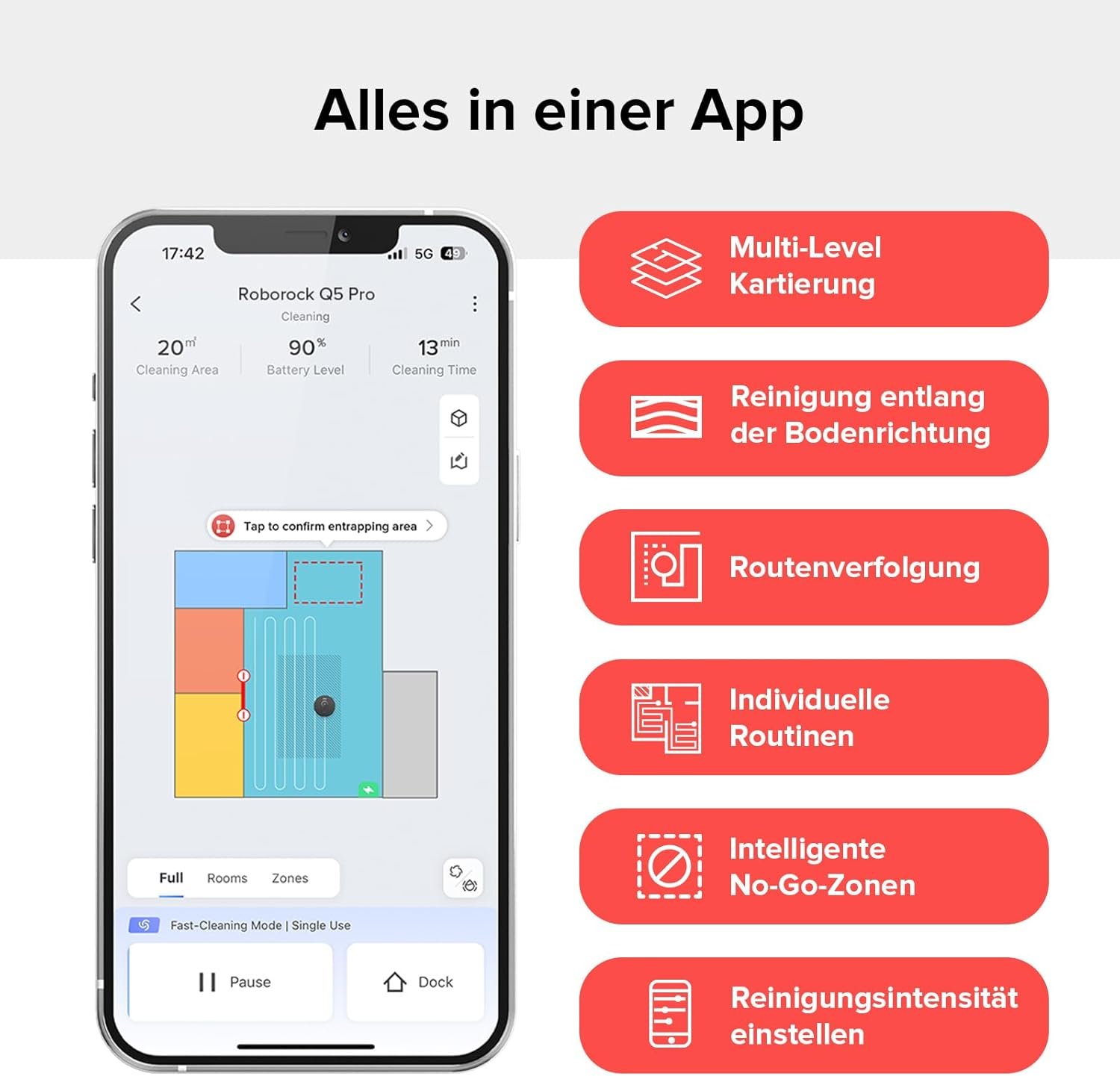 Roborock Q5 Pro Sauugroboter MIT Duoroller-Bürste, 5500pa Saugkraft, 770ml Staubbeehälter, 180 ml WASSERTANK, STAUBSAUGER WISCHROBOTER PREPISENSE-LIDAR-NAVIGATION TEPPICHE TIERHAARE APP/Alexa, Schwerz-Navigation – Bild 7