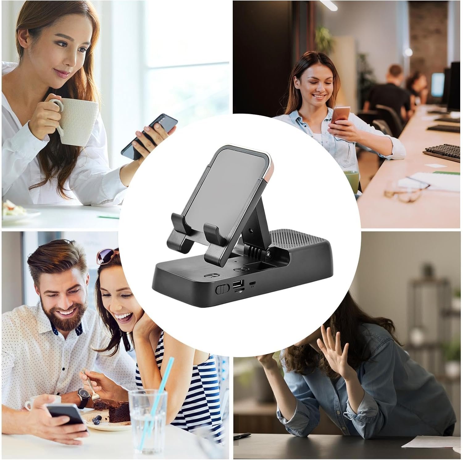 Huvqianu Kabelloser Handy-Ständer, Tragbarer Handyhalter, Verstellbar, Faltbar, Eangauter Lautsprecher, Rutschfestes Design – Bild 3