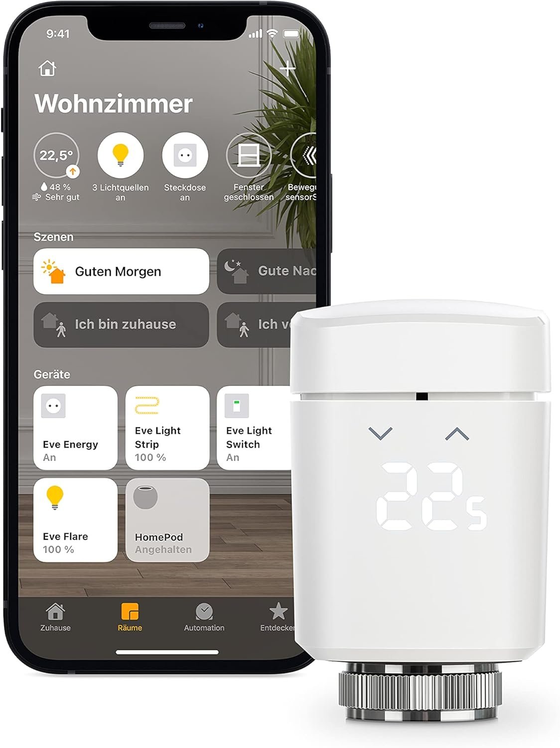 Eve Thermo (Apple Home) - Smartes Heizkörperthermostat, Spart Heizkost, Moderne Heizungssteuer (App/Zeitplaune/Anwesenheit), Einfach Installierer, Für Gämgige HeizKörperventile, Bluetooth/Thread/Thread/Thread/Thread/Thread/Thread
