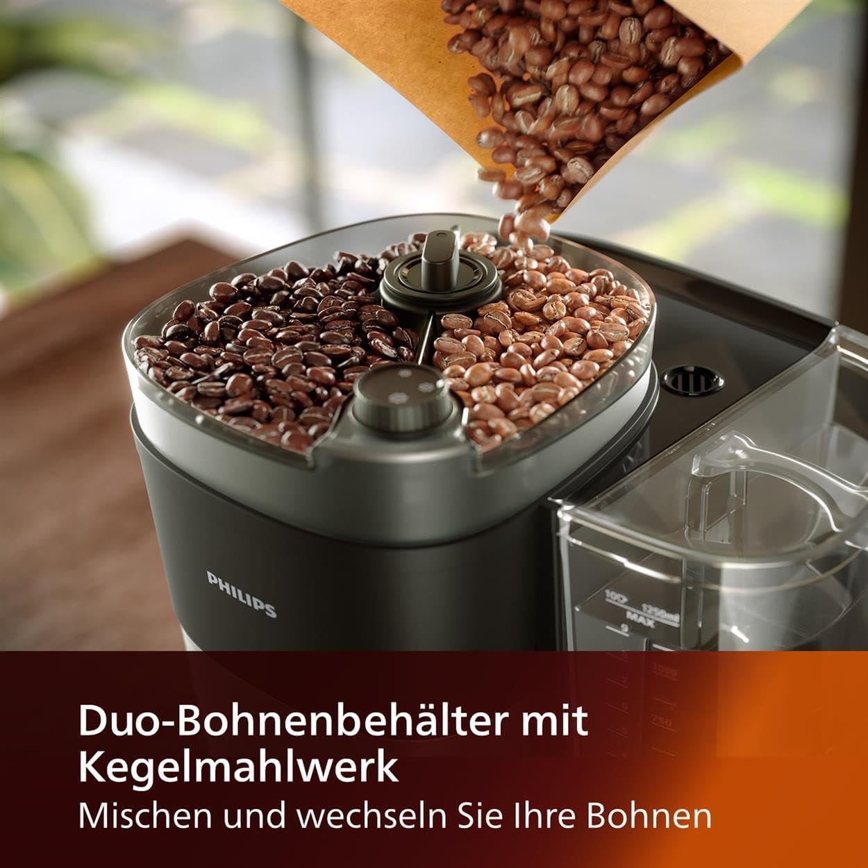 Philips All-in-1 Filterkaffeeemaschine-Integrieres Kegelmahlwerk für Frisch Gemahlen Kaffee-Duo-Bohnenbehälter, 1,25-L-Glaskanne, Individuelluellle Einstellung der Intensität (HD7900/50) – Bild 2