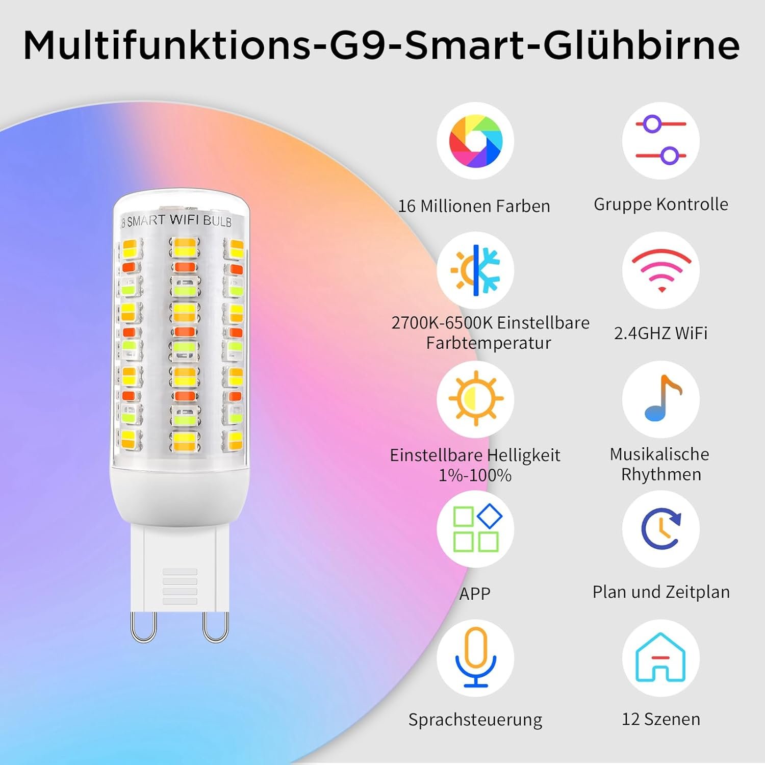 Wi-Fi RGBCW Smart G9 LED Lampen, Kompatibel Mit Alexa /Google Home, AC 230V Mehrfarbare Dimmbare, 2700k-6500K, Helligkeit Einstellbar 1%-100%, 4W, 400LM, MIT Muskynchronisation LED Glöhbarne, 3er Pack – Bild 2