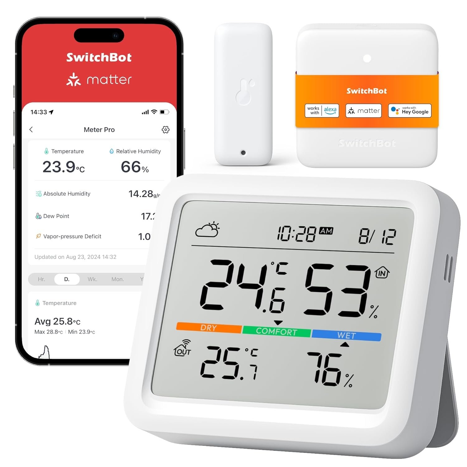 Switchbot Wlan Fästterstation Funk MIT Auzensensor, Materie Hygrometer Thermometer, Temperaturensor MIT IP65 Außenthermometer und Materie Hub, Kompatibel MIT Alexa, Apple Home, Google Home