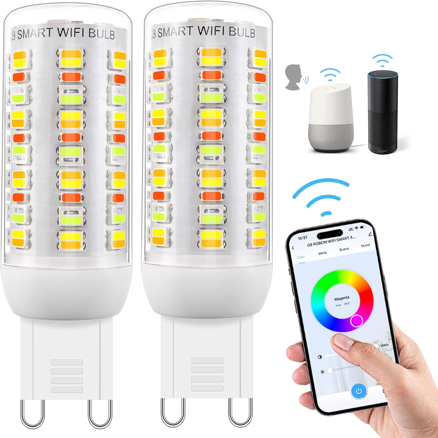 Wi-Fi RGBCW Smart G9 LED Lampen, Kompatibel mit Alexa /Google Home, AC 230V Mehrfarbary Dimmbare, 2700K-6500K, Helligkeit Einstellbar 1%-100%, 4W, 400LM, MIT MUSIKSYNCHRONISIATION LED LED LED Glüsbarne, 2er Pack
