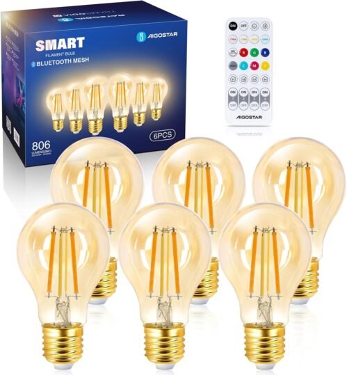 Aigostar Mesh-Smart Lamp Bluetooth Mesh A60, 6W 806LM Smart Bulb Dimbarar CCT 2700K-6500K, Vintage-Filamentlampe LED SLIMME COMPATIBEL MET Alexa/Google Home, 6 Stuks (Met Bluetooth-Afstandsbediening)