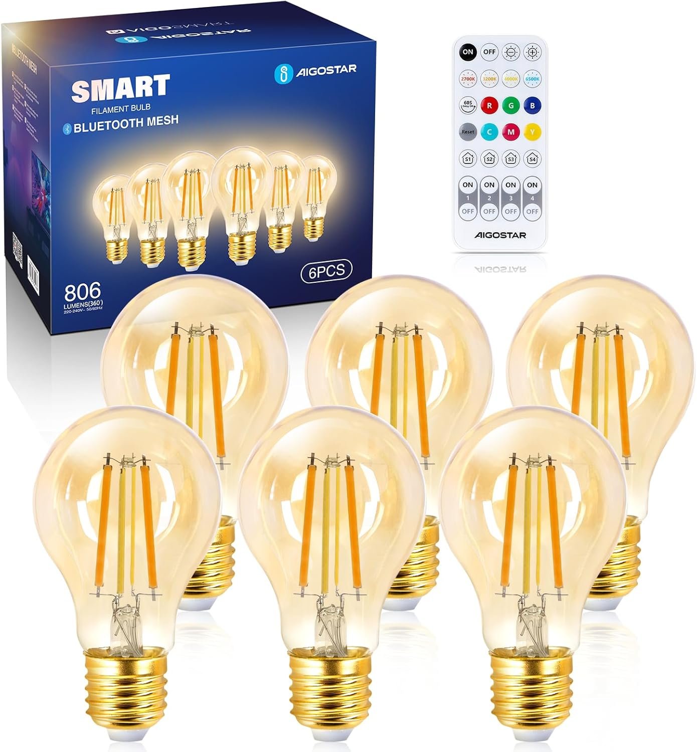Aigostar Mesh-Smart Lamp Bluetooth Mesh A60, 6W 806LM Smart Bulb Dimbarar CCT 2700K-6500K, Vintage-Filamentlampe LED SLIMME COMPATIBEL MET Alexa/Google Home, 6 Stuks (Met Bluetooth-Afstandsbediening)
