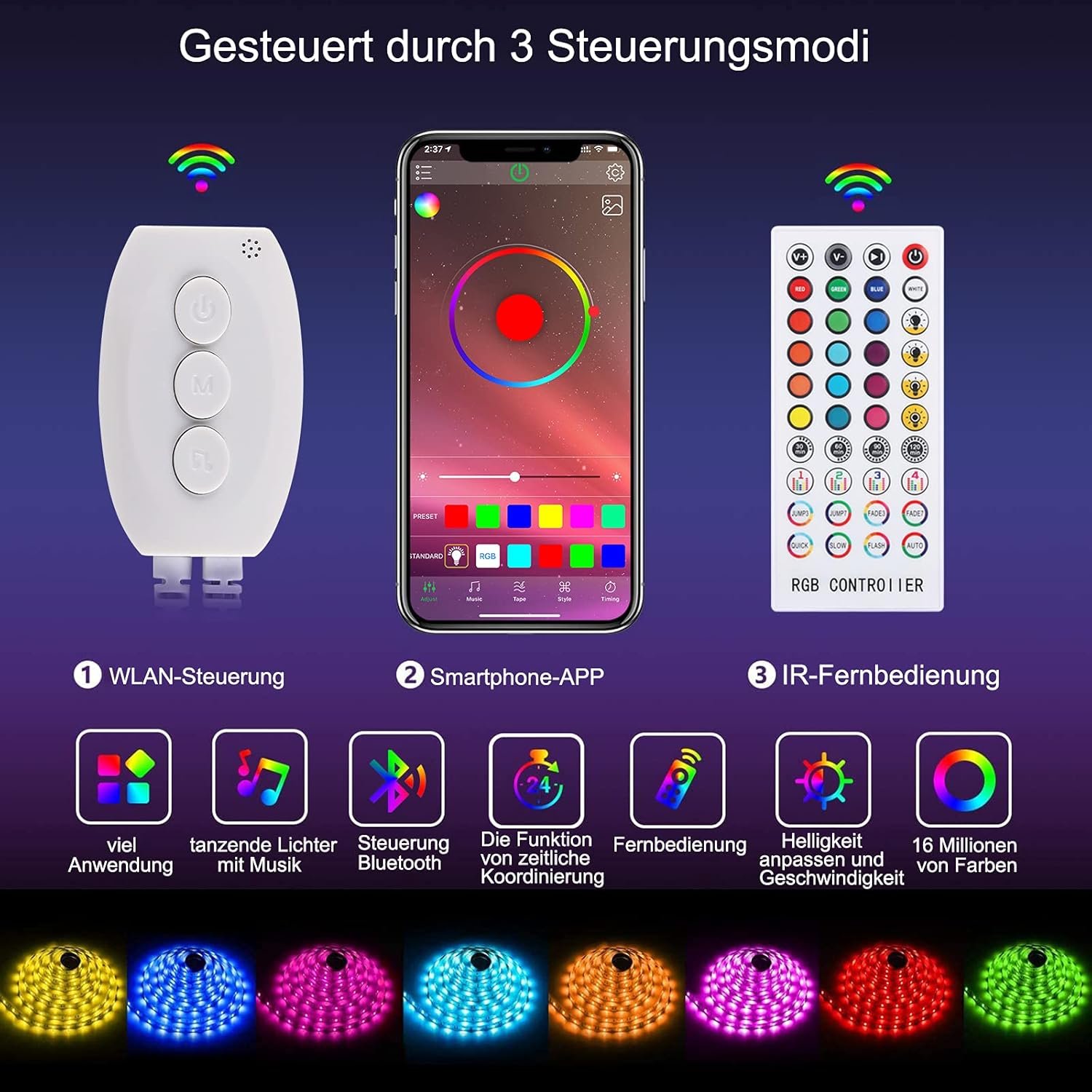ALED Light Bluetooth LED Streiflen, 5050 5m RGB LED-Streifen Licht Smart-Telefon Kontrollierten RGB Lichtschlärm LED Lichtband 12V für Haus, Garten, Dekoration, Dekoration – Bild 4