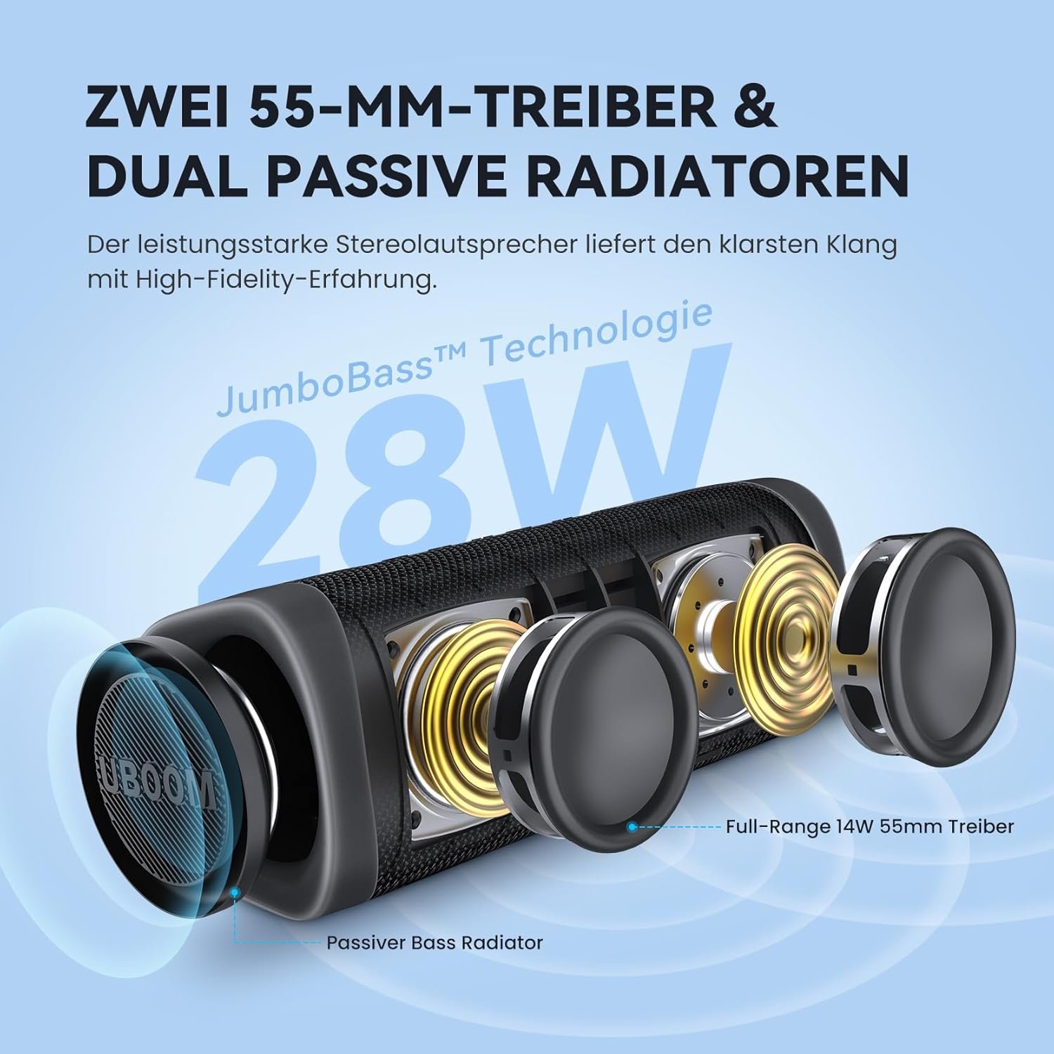 Uboom L Bluetooth Lautspecher, Kabelloser Lautspecher 28W Stereo Sound, Sattte Bässe MIT 2 Treibern, IP67 Wasserdicht & Staubdicht, Dual -Pairing, 16H, Outdoor -Musikbox -Fein -Party – Bild 2