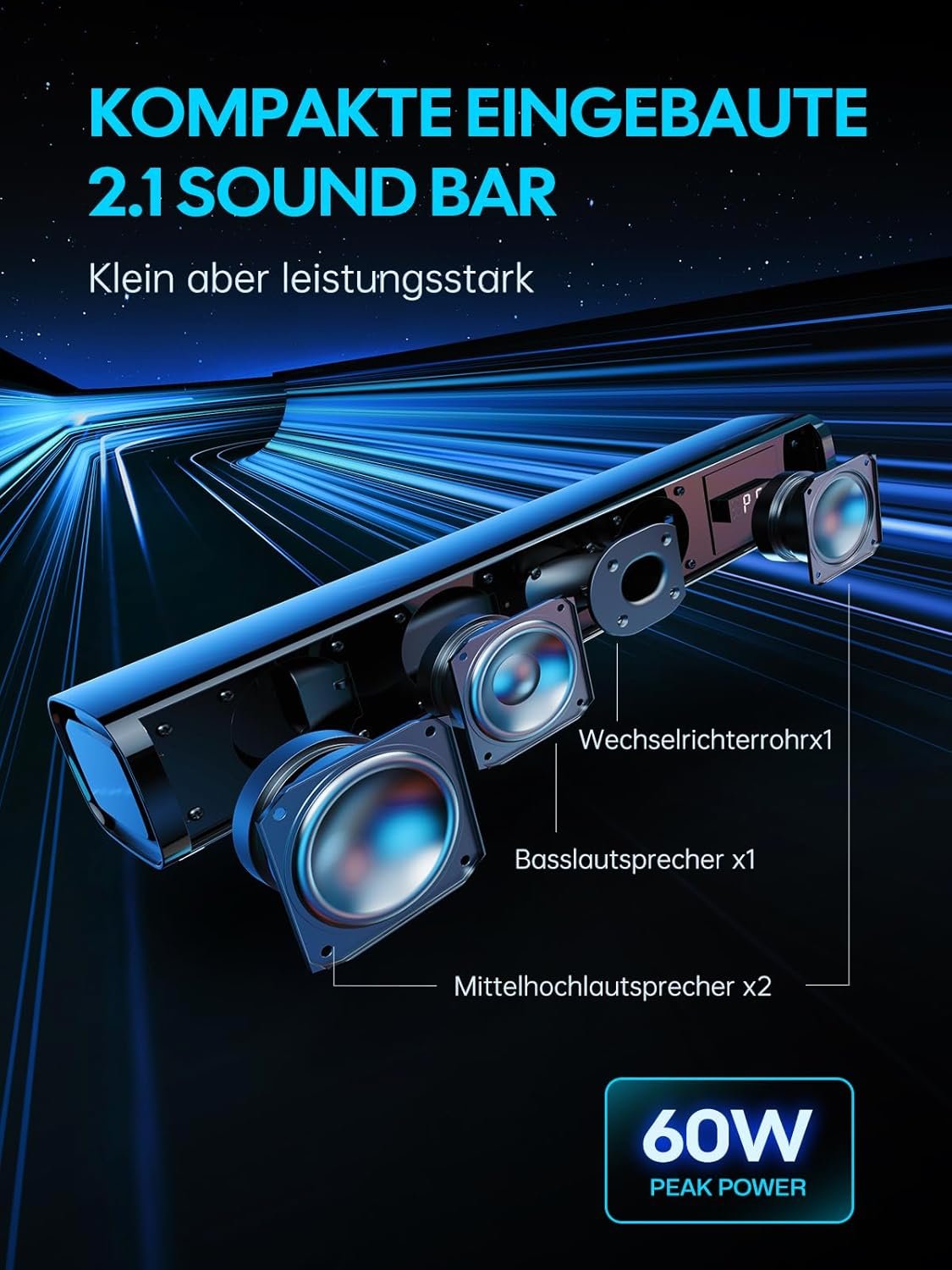 Mevosto Soundbar für TV Geräute PC Gaming Soundbar 60W Mini 2.1ch Integrierte Subwoofer BT5.4 Lautspecher Amt MIT USB Digital Audio/Optisch/Aux Voice Enhance 3 EQ Kompatibel Spielkonsolen-40Cm – Bild 3