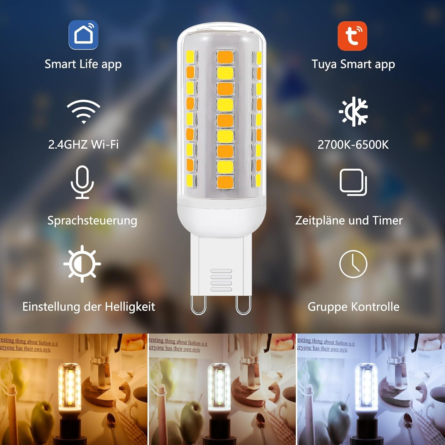 Wi-Fi Smart G9 LED Lampen, Kompatibel MIT Alexa /Google Home, AC 230V Stuflens Dimmbar, 2700K-6500K, Helligeit Einstellbar 1%-100%, 0,4-4W, 40lm-400LM, Timer Funkion G9 Intelligenz LED Glöhbirne, 3er Pack – Bild 5