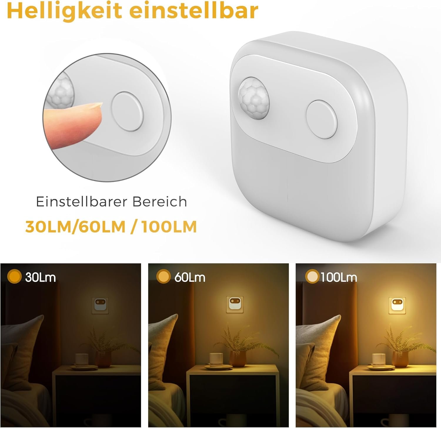 Lohas-geführtes von von Nachtlich mit Bewegungsmelder, 2er-Pack-LED nachtlich steckdose warmweiß 3000k, 30/60/100lm Helligkeit Einstellbar, Dämmerungsschalter nachtlich Für Flur, Treppe, Schlafzimmer, Schlafzimmer, Schlafzimmer, Schlafzimmer, Schlafzimmer, Schlafzimmer – Bild 5