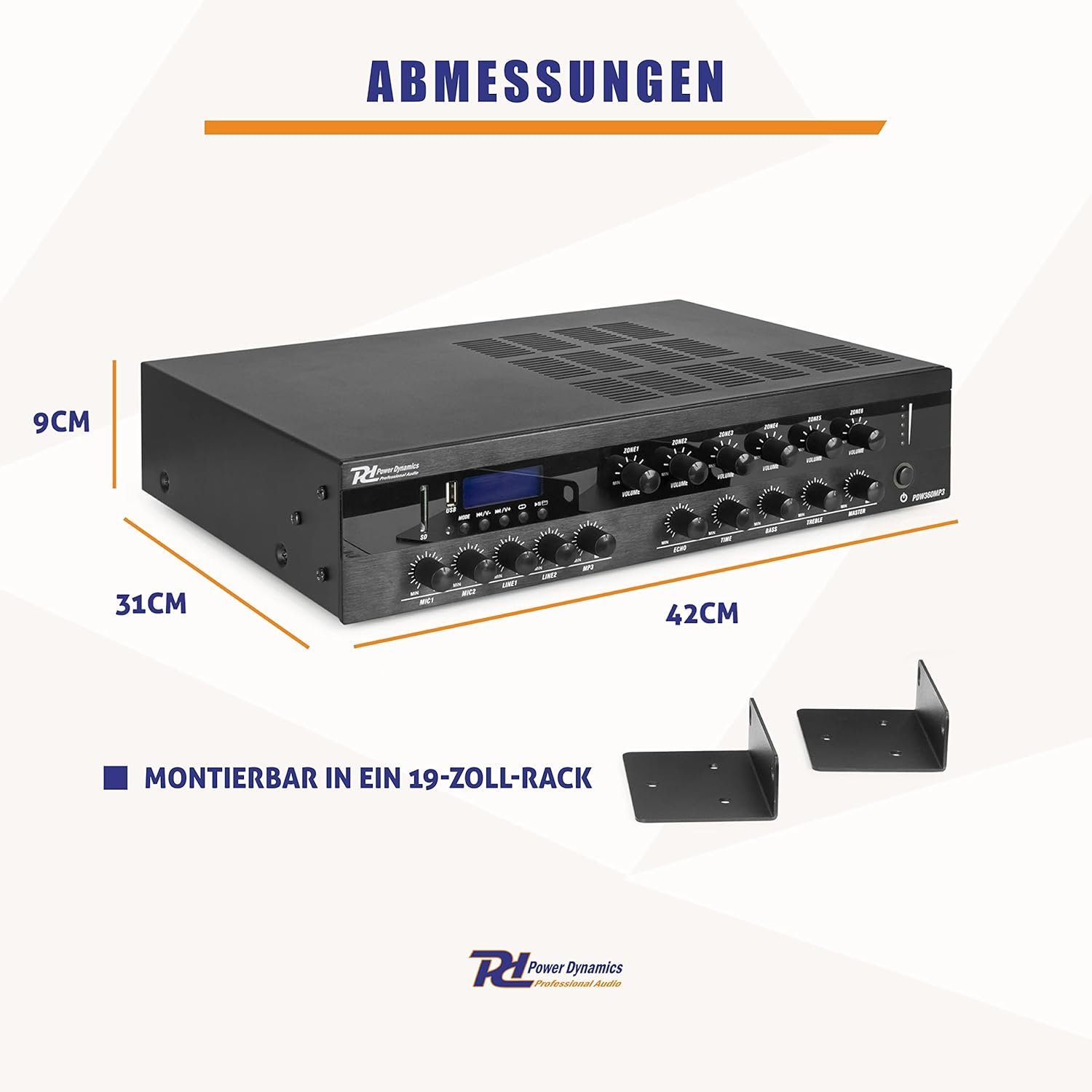 Power Dynamics PDW500MP3-Verstängker, PA-Mixer, 6-Zonen-Verstärker, 500 Watt, Bluetooth, MP3, für 100V-Soundsystem, RCA-Inputs, Mic-In, 3-Band-EQ, Mehrzonen endstufe – Bild 7