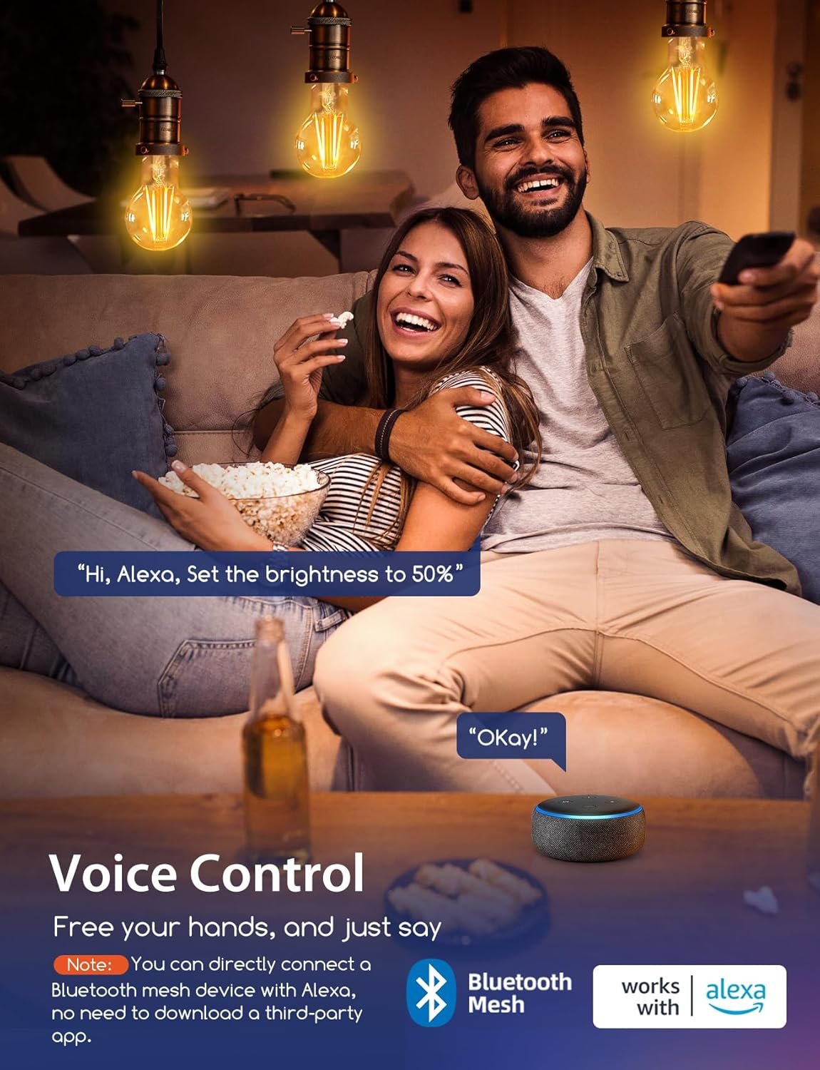 Aigostar Mesh-Smart Lamp Bluetooth Mesh A60, 6W 806LM Smart Bulb Dimbarar CCT 2700K-6500K, Vintage-Filamentlampe LED SLIMME COMPATIBEL MET Alexa/Google Home, 6 Stuks (Met Bluetooth-Afstandsbediening) – Bild 3