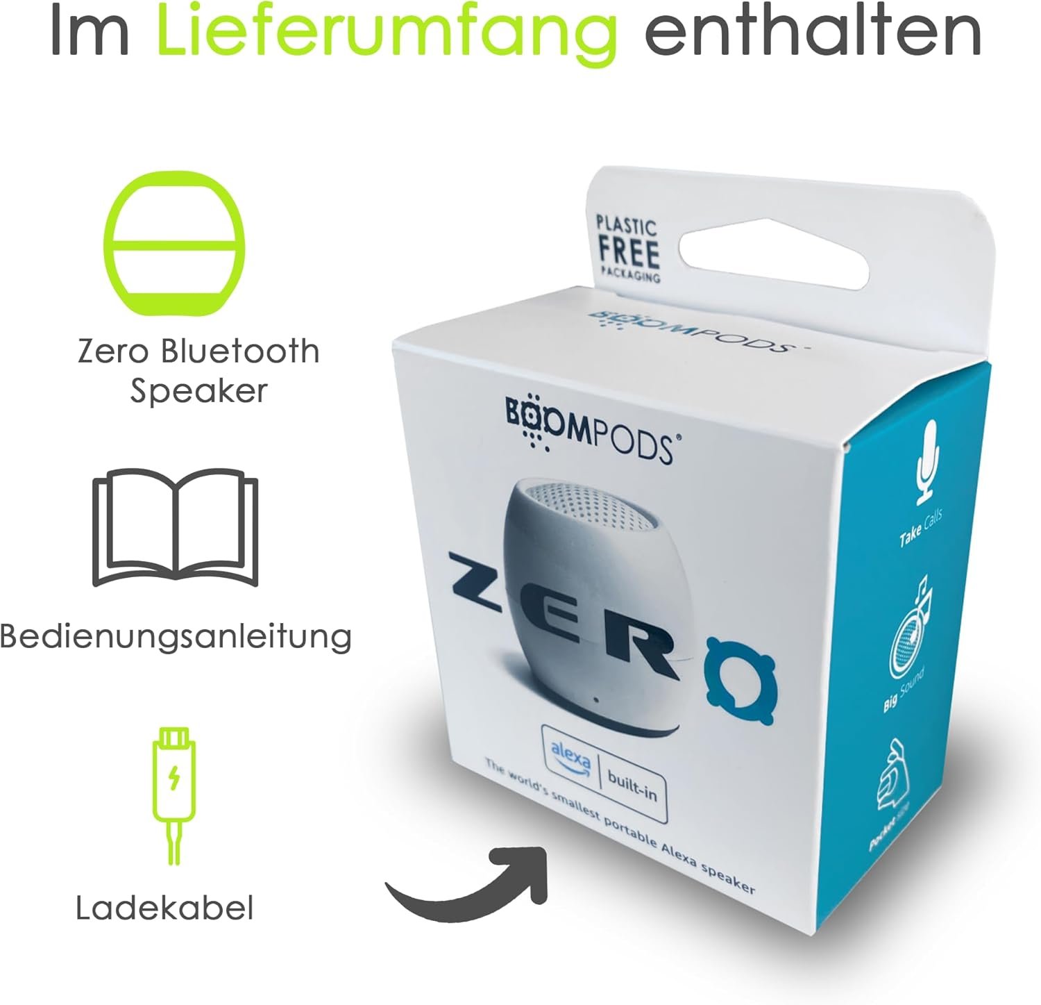 Boompods Zero Talk Mini Bluetooth Lautspecher Mit Amazon Alexa - Tragbarer Outdoor Lautspecher, IPX6 Wasserdicht, 5 Std Spielzeit und Mikrofon, Musikbox Klein für Handy, Dusche, Reis - Wei – Bild 7