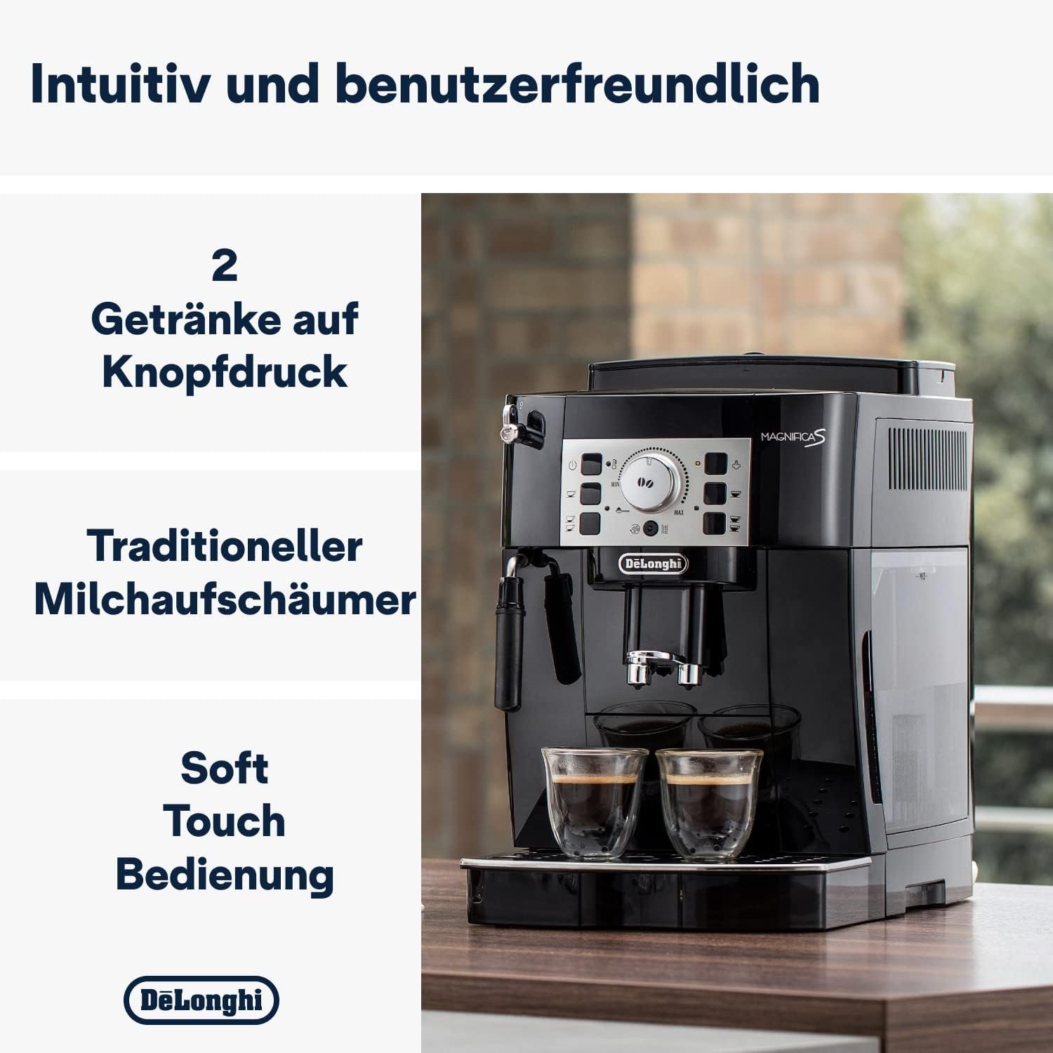 De'longhi Magnifica s ecam 22.110.b Kaffeevollautomat mit Milchaufschämdüse für Cappuccino, MIT Espresso DirektWahtasten und Drehregler, 2-Tassen-Funkion, 1,8 Liter Wassertank, Schwarz/Silber – Bild 2