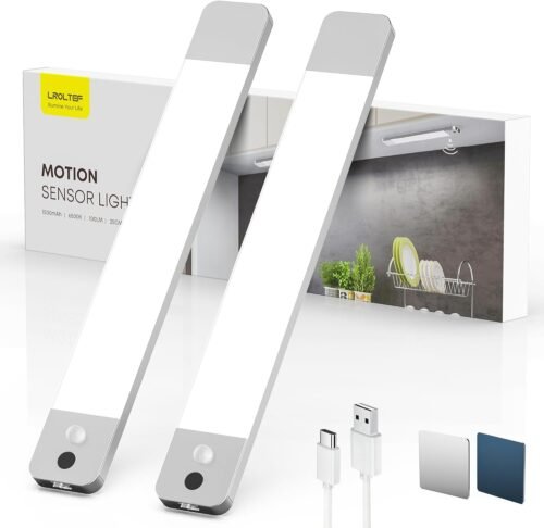 Schrankbeleuchtung LED LAMPE MIT Handwelle & Bewegungsmelder – 25 cm 1500mah Schranklich Einbaumküche Licht Dimmbar Rahmenlos – Vitrinenbelseleuche Magnetische | 2 Stück
