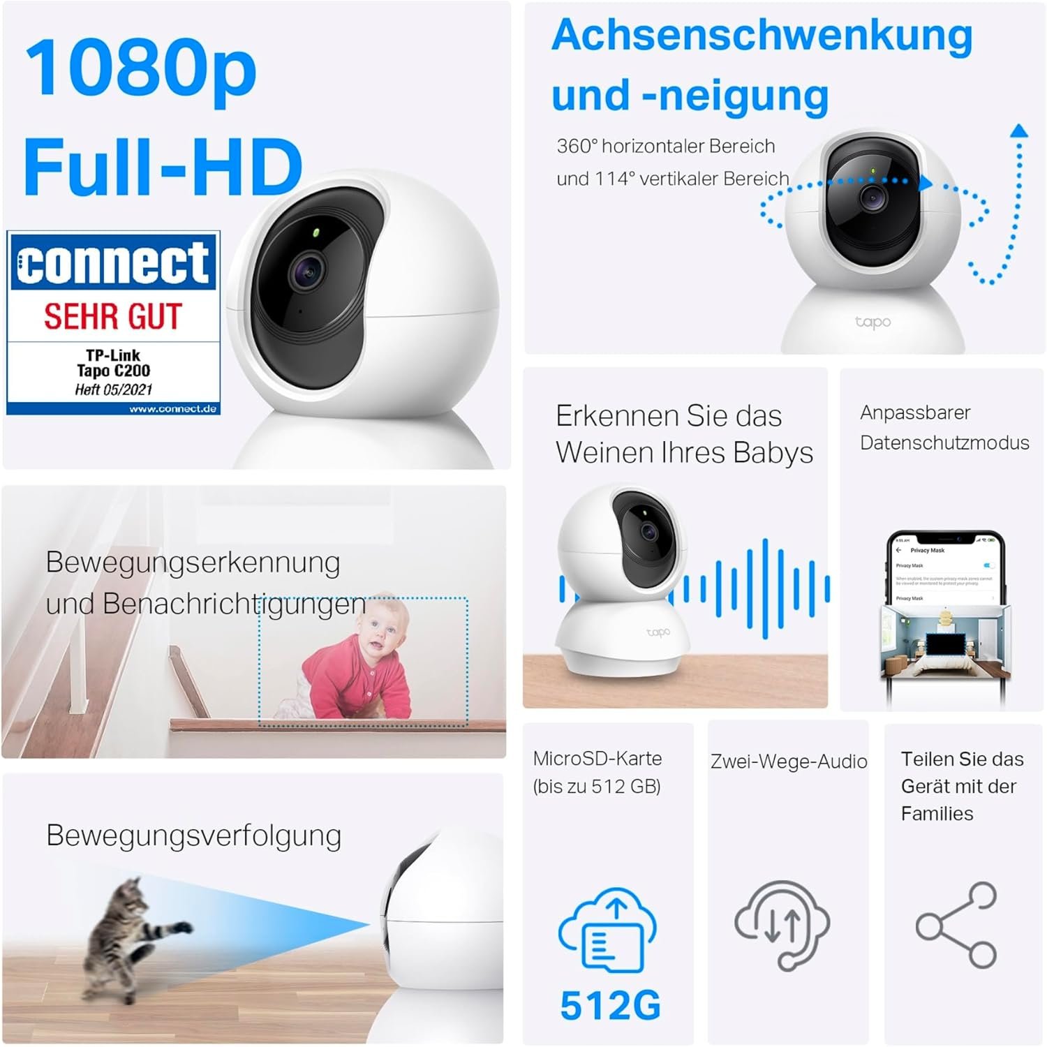 Tapo TP-Link C200 360 ° -Wlan-Reiberwachungskamera für Innenberich, FHD 1080p, Nachtsicht, Bewegungsserkennung, Zwei-Wege-Audio, Kompatibel MIT Alexa und Google-Assistent, Frü Babys/Haustiere/Haustiere/haustiere/haustiere/haustiere – Bild 2