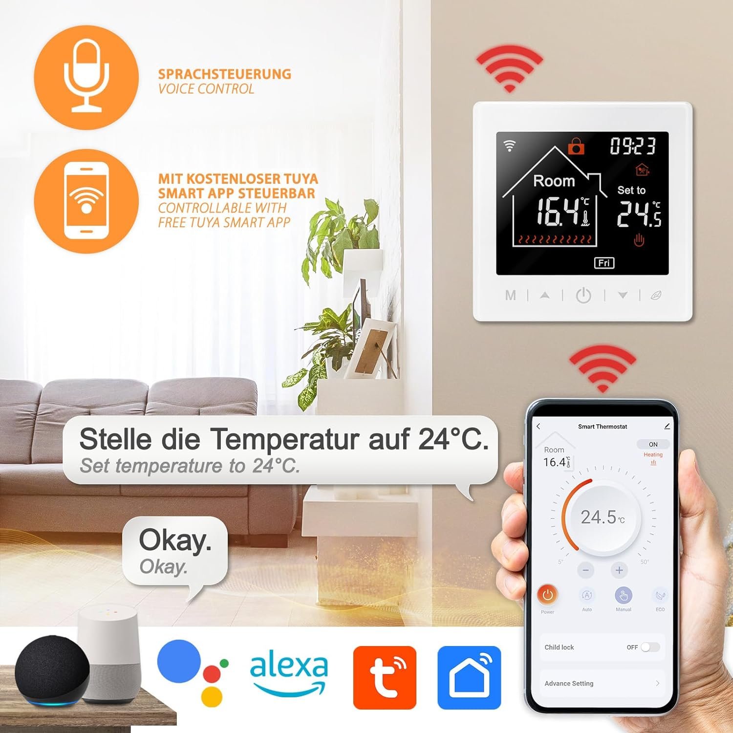 Mi-Heat M2 Raumthermostat Wlan Weiß-Alexa Tuya Smart Life Google Home Elektrischen Fußbodenheizung Thermostat Smart Raumthermostat Fußbodenheizung Zeitlich-Display-Abschaltung – Bild 6