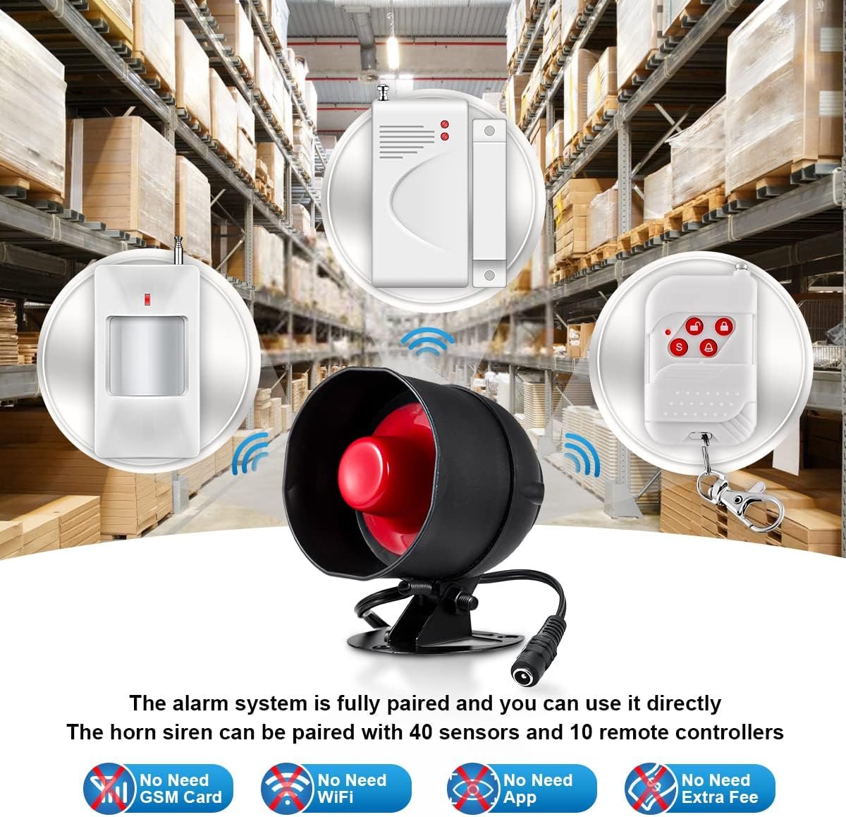 Alarmanlage Haus Sirene 9 Teiliges Set MIT 115 dB Sirene, BewegungsSensor, Türfensternsor und Fernbedienung, für Lager, Geschäfe, Haus – Bild 3